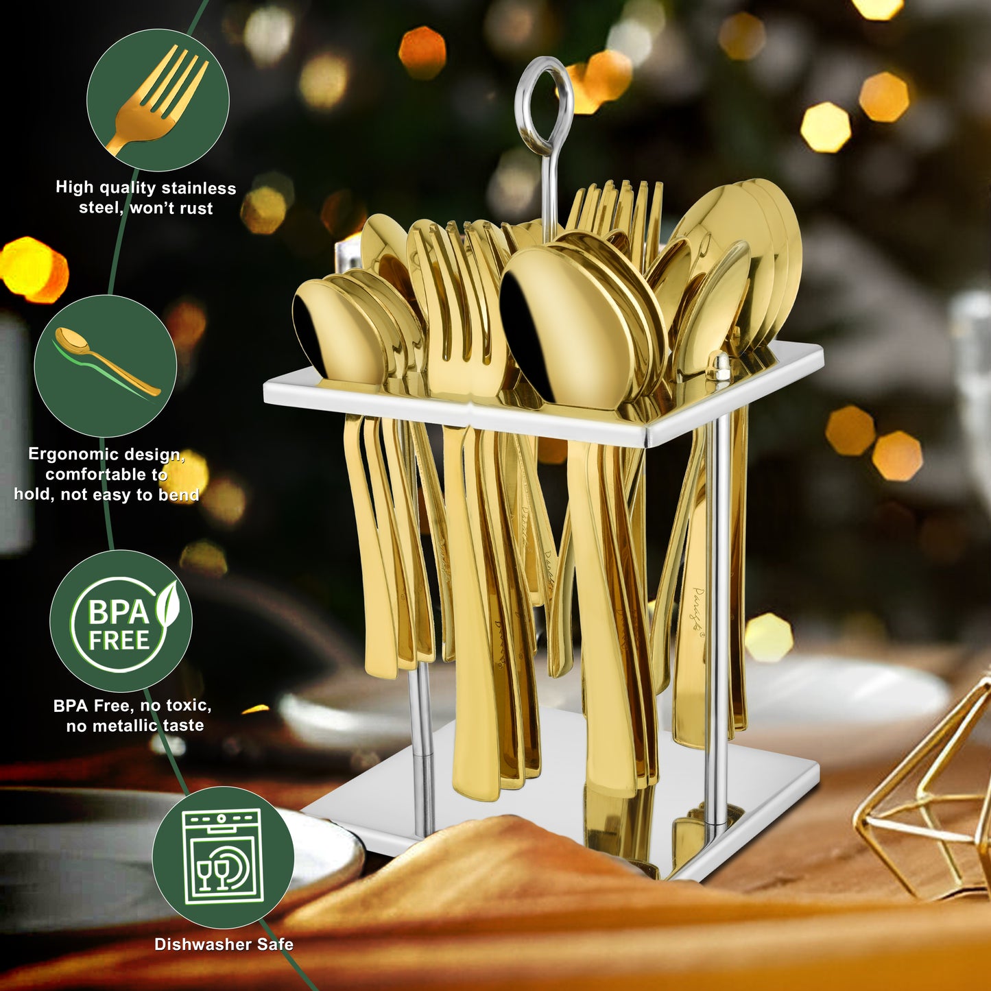 25-Piece PVD Gold Luxury Stainless Steel Cutlery Set | Stand Included - Spoons & Forks for Home, Dining & Gifting, Sapphire Golden