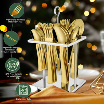 25-Piece PVD Gold Luxury Stainless Steel Cutlery Set | Stand Included - Spoons & Forks for Home, Dining & Gifting, Sapphire Golden