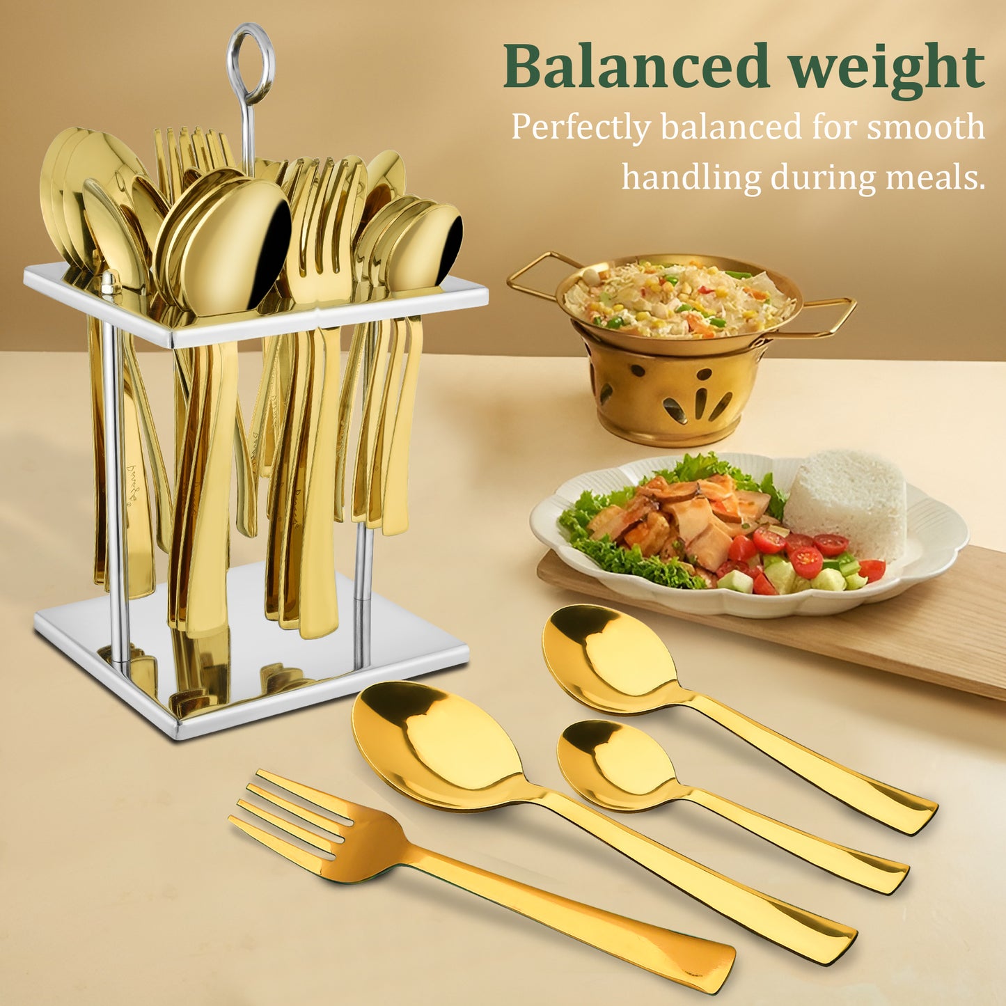 25-Piece PVD Gold Luxury Stainless Steel Cutlery Set | Stand Included - Spoons & Forks for Home, Dining & Gifting, Sapphire Golden