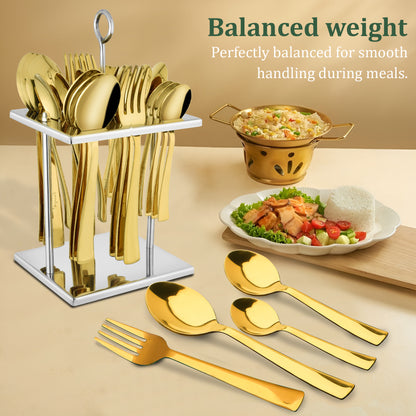 25-Piece PVD Gold Luxury Stainless Steel Cutlery Set | Stand Included - Spoons & Forks for Home, Dining & Gifting, Sapphire Golden