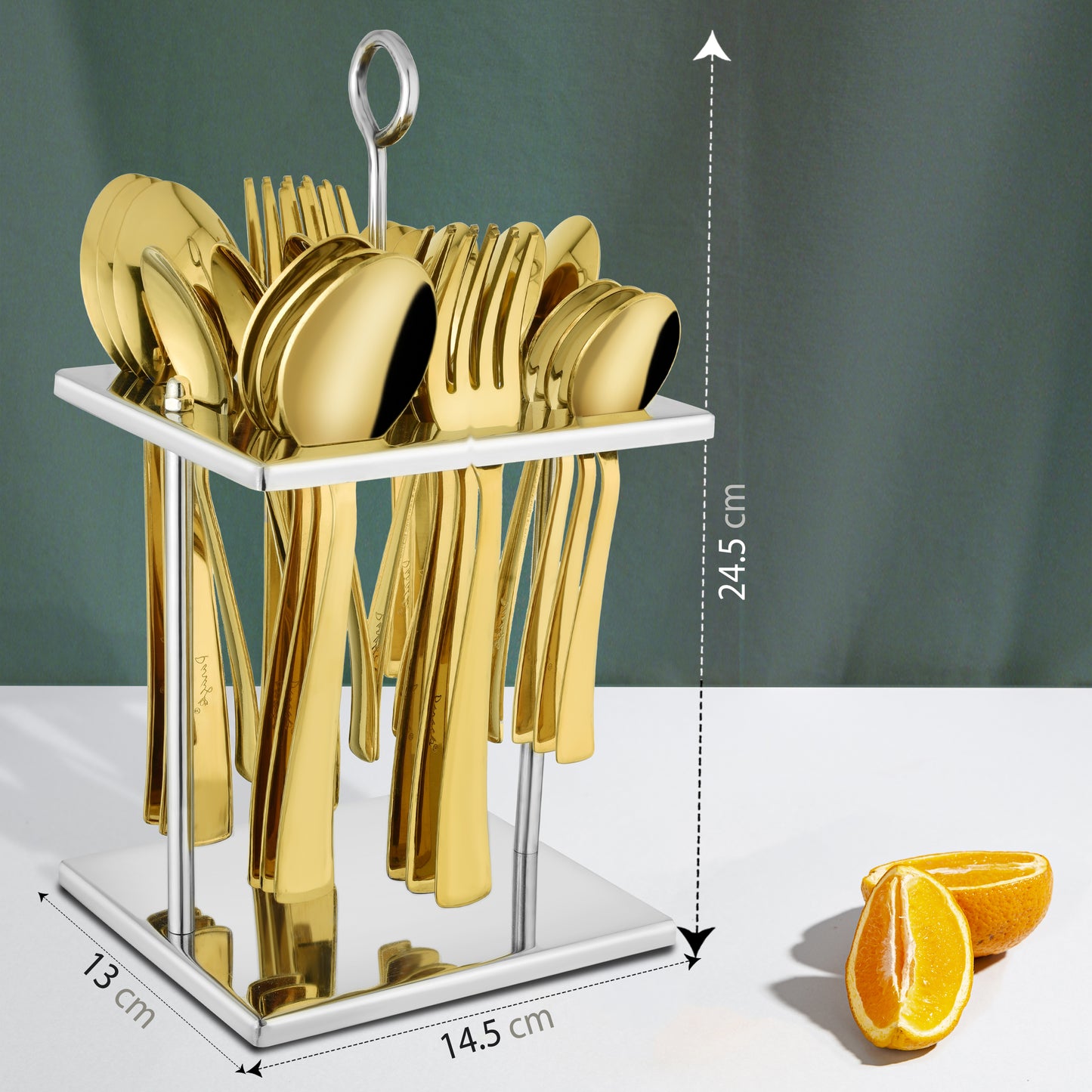 25-Piece PVD Gold Luxury Stainless Steel Cutlery Set | Stand Included - Spoons & Forks for Home, Dining & Gifting, Sapphire Golden