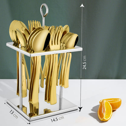 25-Piece PVD Gold Luxury Stainless Steel Cutlery Set | Stand Included - Spoons & Forks for Home, Dining & Gifting, Sapphire Golden