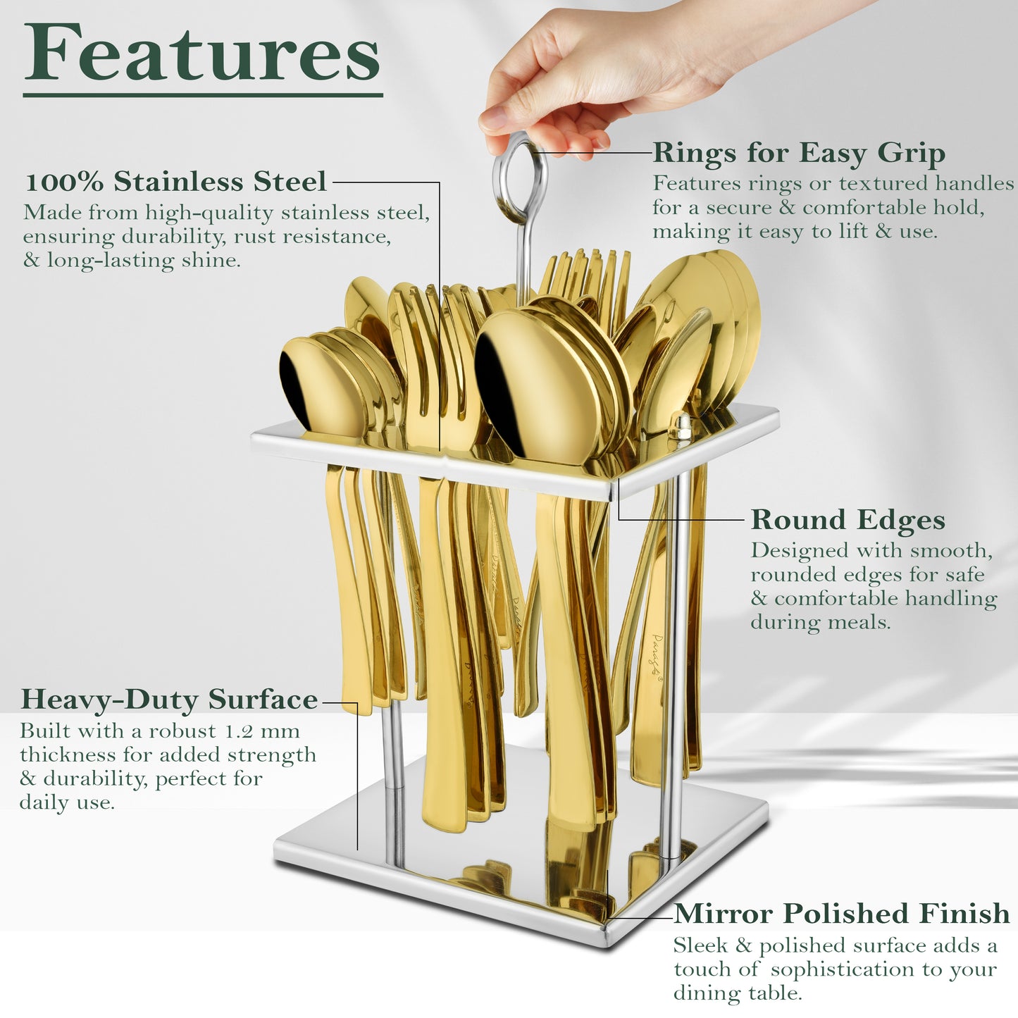 25-Piece PVD Gold Luxury Stainless Steel Cutlery Set | Stand Included - Spoons & Forks for Home, Dining & Gifting, Sapphire Golden