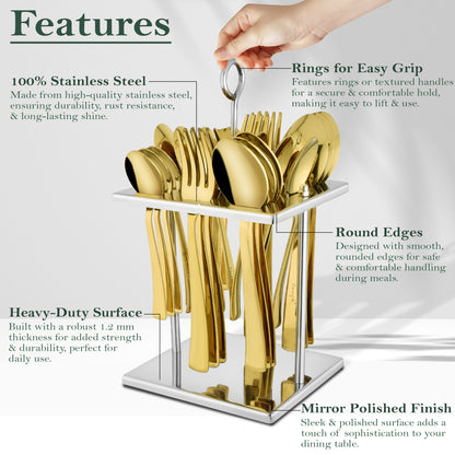 25-Piece PVD Gold Luxury Stainless Steel Cutlery Set | Stand Included - Spoons & Forks for Home, Dining & Gifting, Sapphire Golden