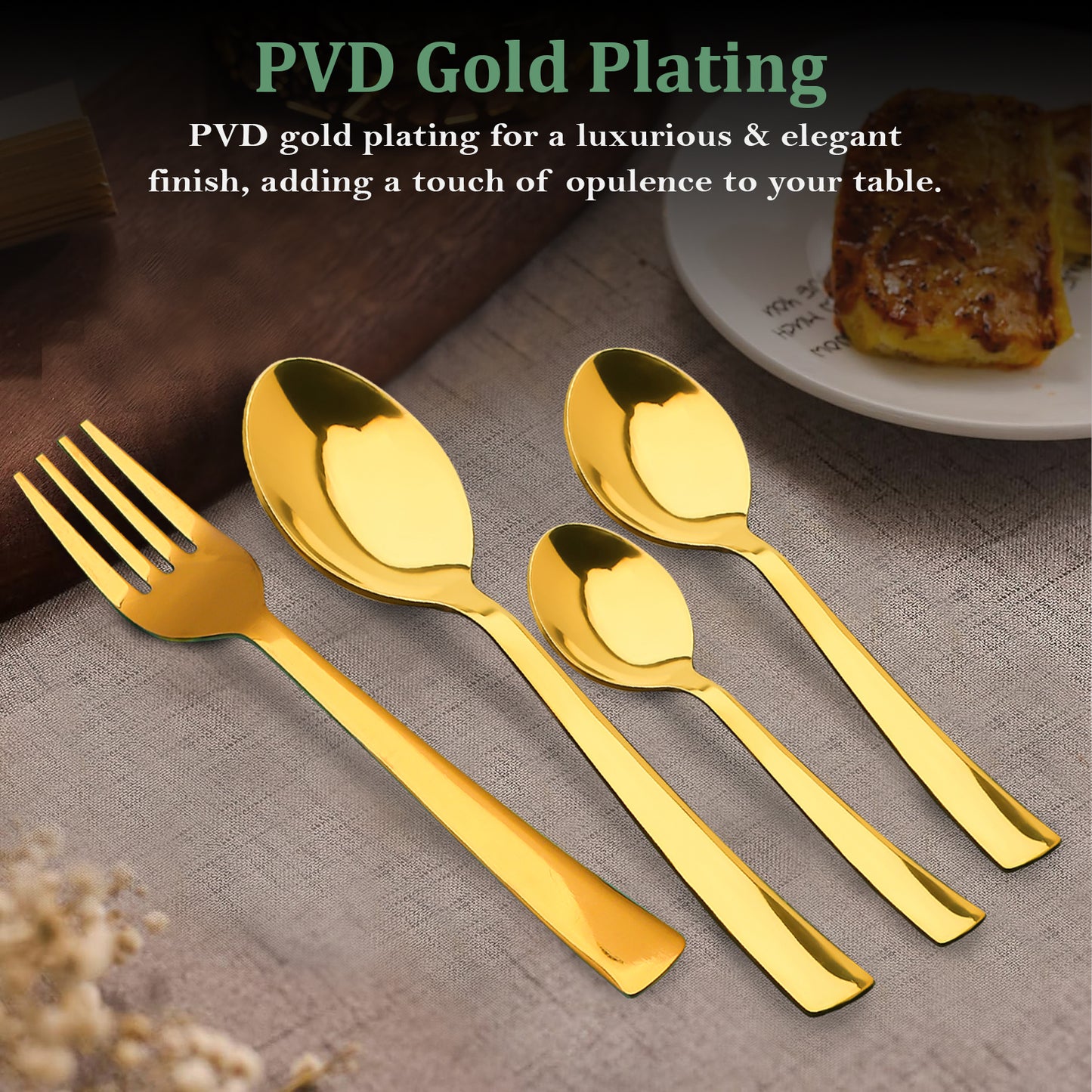 25-Piece PVD Gold Luxury Stainless Steel Cutlery Set | Stand Included - Spoons & Forks for Home, Dining & Gifting, Sapphire Golden