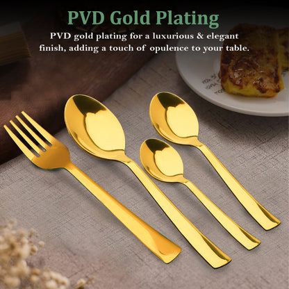 25-Piece PVD Gold Luxury Stainless Steel Cutlery Set | Stand Included - Spoons & Forks for Home, Dining & Gifting, Sapphire Golden