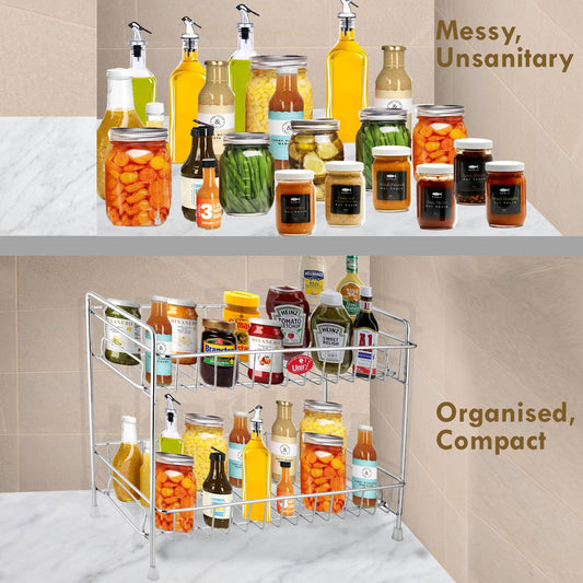 Stainless Steel 2-Tier Spice Rack Organizer with Shelf Liner | Kitchen, Cabinet & Pantry