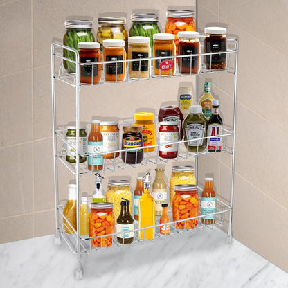 Stainless Steel 3-Tier Spice Rack Organizer with Shelf Liner | Kitchen, Cabinet & Pantry