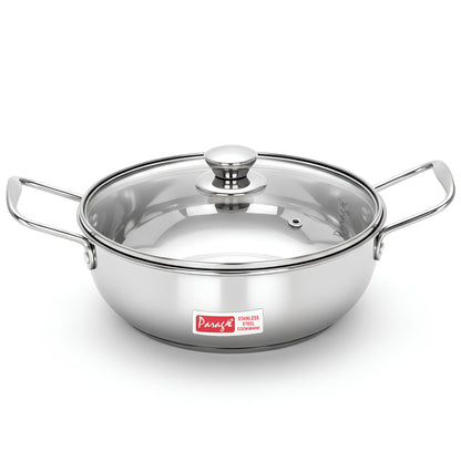 1 Pieces Stainless Steel Mini Kadhai 1.5 Litre with Glass Lid For 2–3 People | Gas & Induction Friendly Encapsulated Base | Rust-Resistant Cookware for Daily Cooking