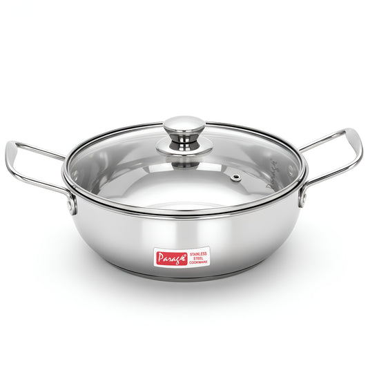 1 Pieces Stainless Steel Mini Kadhai 1.5 Litre with Glass Lid For 2–3 People | Gas & Induction Friendly Encapsulated Base | Rust-Resistant Cookware for Daily Cooking