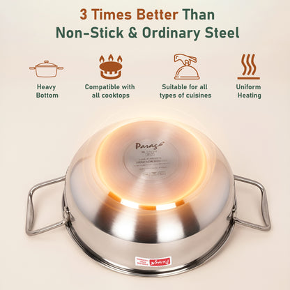 1 Pieces Stainless Steel Mini Kadhai 1.5 Litre with Glass Lid For 2–3 People | Gas & Induction Friendly Encapsulated Base | Rust-Resistant Cookware for Daily Cooking