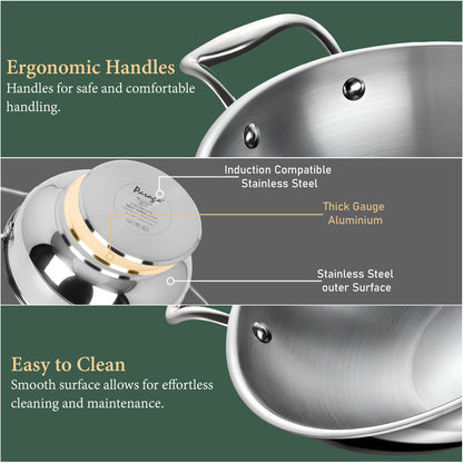 1 Pieces Stainless Steel Mini Kadhai 1.5 Litre with Glass Lid For 2–3 People | Gas & Induction Friendly Encapsulated Base | Rust-Resistant Cookware for Daily Cooking