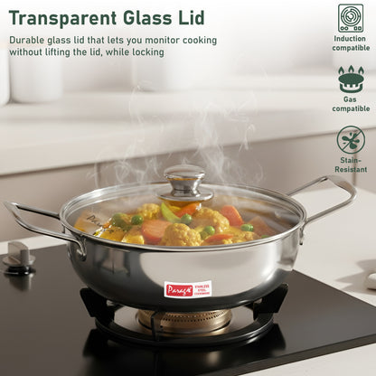 1 Pieces Stainless Steel Mini Kadhai 1.5 Litre with Glass Lid For 2–3 People | Gas & Induction Friendly Encapsulated Base | Rust-Resistant Cookware for Daily Cooking