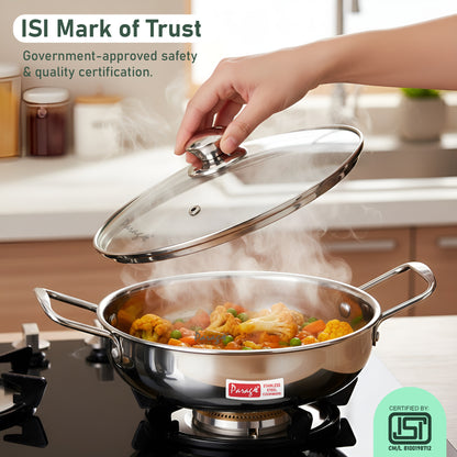 1 Pieces Stainless Steel Mini Kadhai 1.5 Litre with Glass Lid For 2–3 People | Gas & Induction Friendly Encapsulated Base | Rust-Resistant Cookware for Daily Cooking