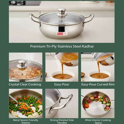 1 Pieces Stainless Steel Mini Kadhai 1.5 Litre with Glass Lid For 2–3 People | Gas & Induction Friendly Encapsulated Base | Rust-Resistant Cookware for Daily Cooking