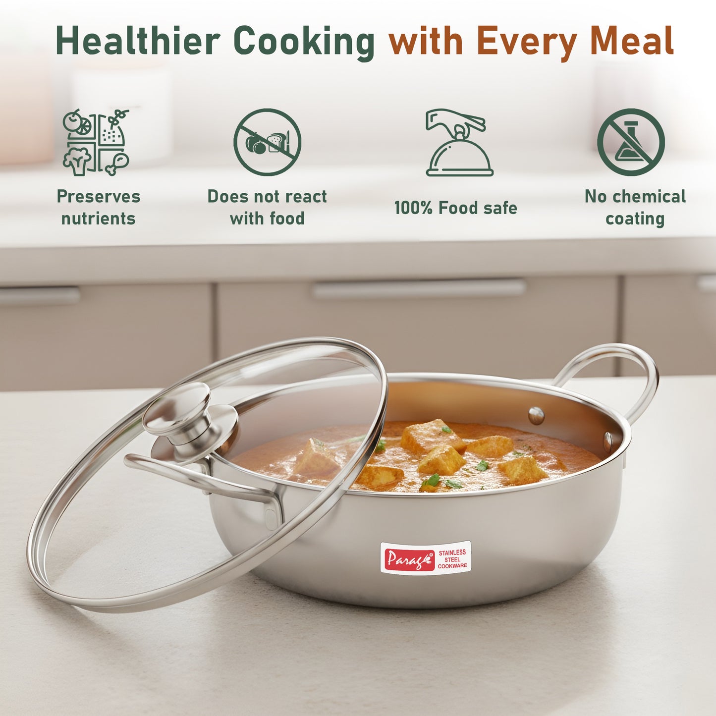 1 Pieces Stainless Steel Mini Kadhai 1.5 Litre with Glass Lid For 2–3 People | Gas & Induction Friendly Encapsulated Base | Rust-Resistant Cookware for Daily Cooking