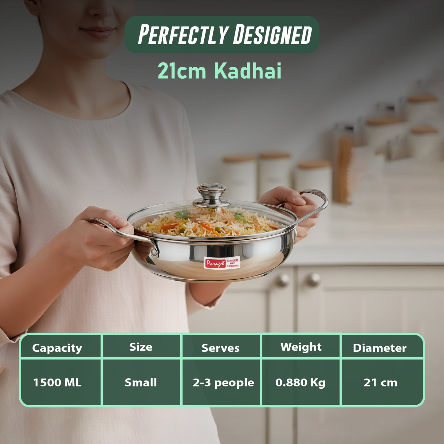 1 Pieces Stainless Steel Mini Kadhai 1.5 Litre with Glass Lid For 2–3 People | Gas & Induction Friendly Encapsulated Base | Rust-Resistant Cookware for Daily Cooking