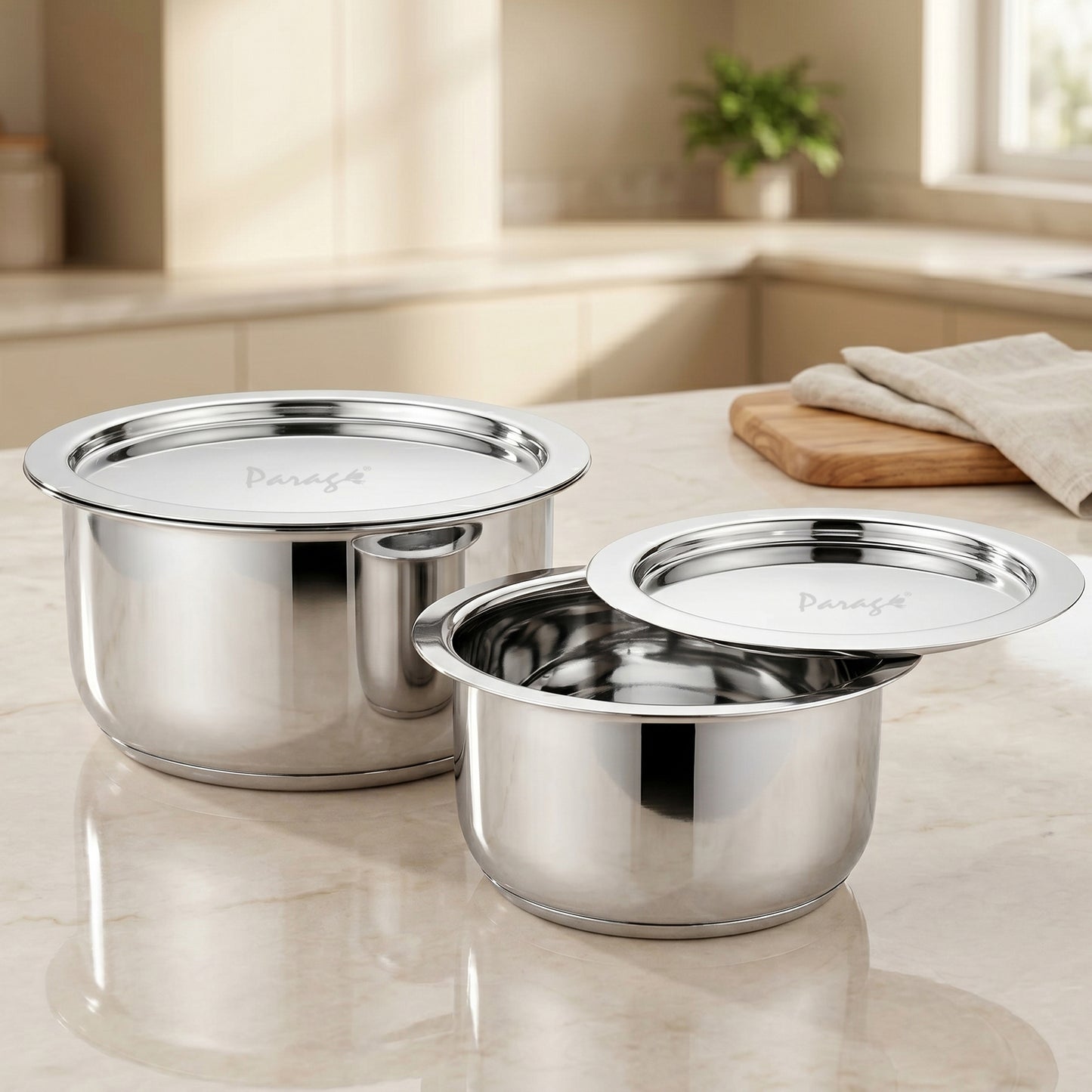 2 Pieces Tri-Bond Stainless Steel Tope Set with Lid, 1 L, 1.3 L, Tri-Ply Bottom Patila, Bhagona/Bhigona Set for Gas & Induction Compatible, Boiling Cooking Pots (Size No. 11, 12)