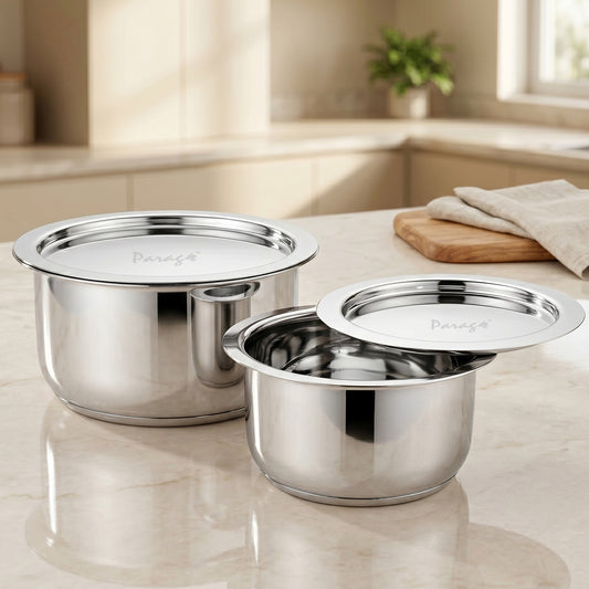 2 Pieces Tri-Bond Stainless Steel Tope Set with Lid, 1 L, 1.3 L, Tri-Ply Bottom Patila, Bhagona/Bhigona Set for Gas & Induction Compatible, Boiling Cooking Pots (Size No. 11, 12)