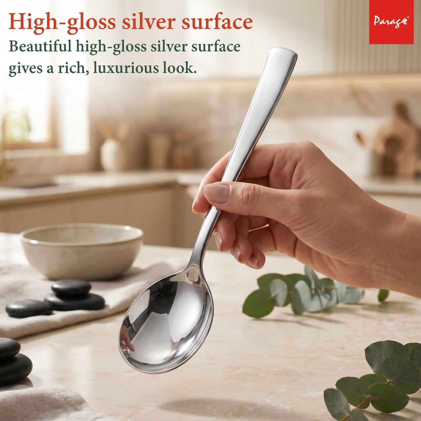 Serving Spoon Set | 21cm, 4 pcs | Stainless Steel | Silver | Big Cooking Spoon