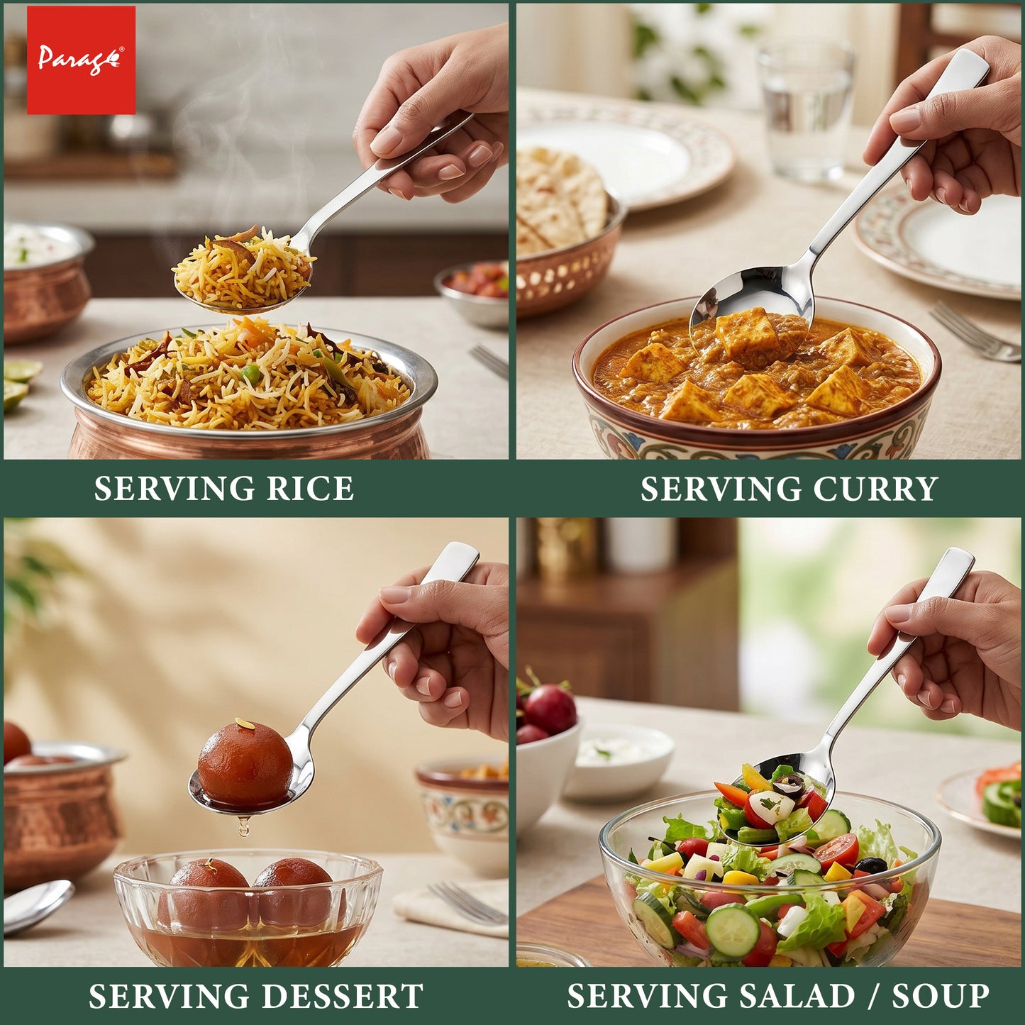 Serving Spoon Set | 21cm, 4 pcs | Stainless Steel | Silver | Big Cooking Spoon