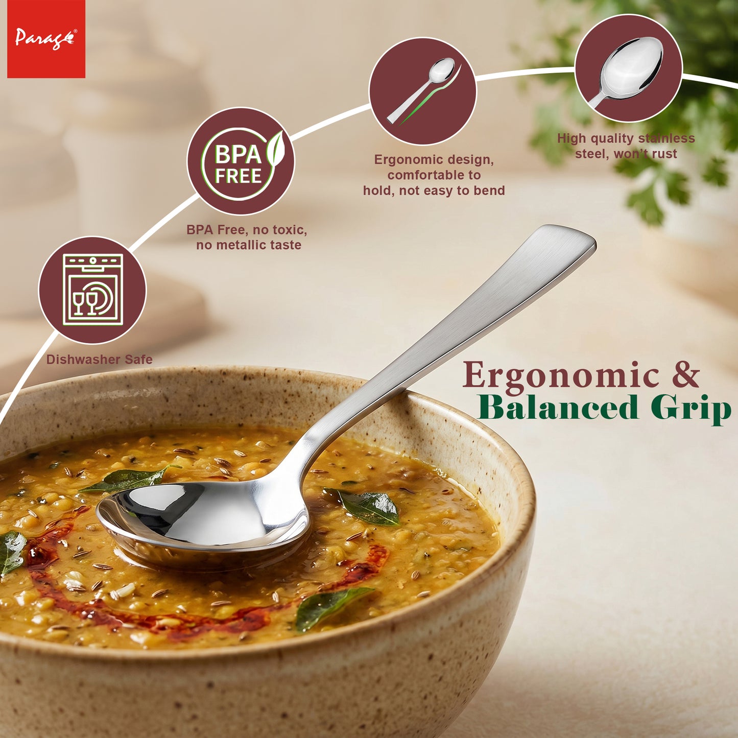 Serving Spoon Set | 21cm, 4 pcs | Stainless Steel | Silver | Big Cooking Spoon