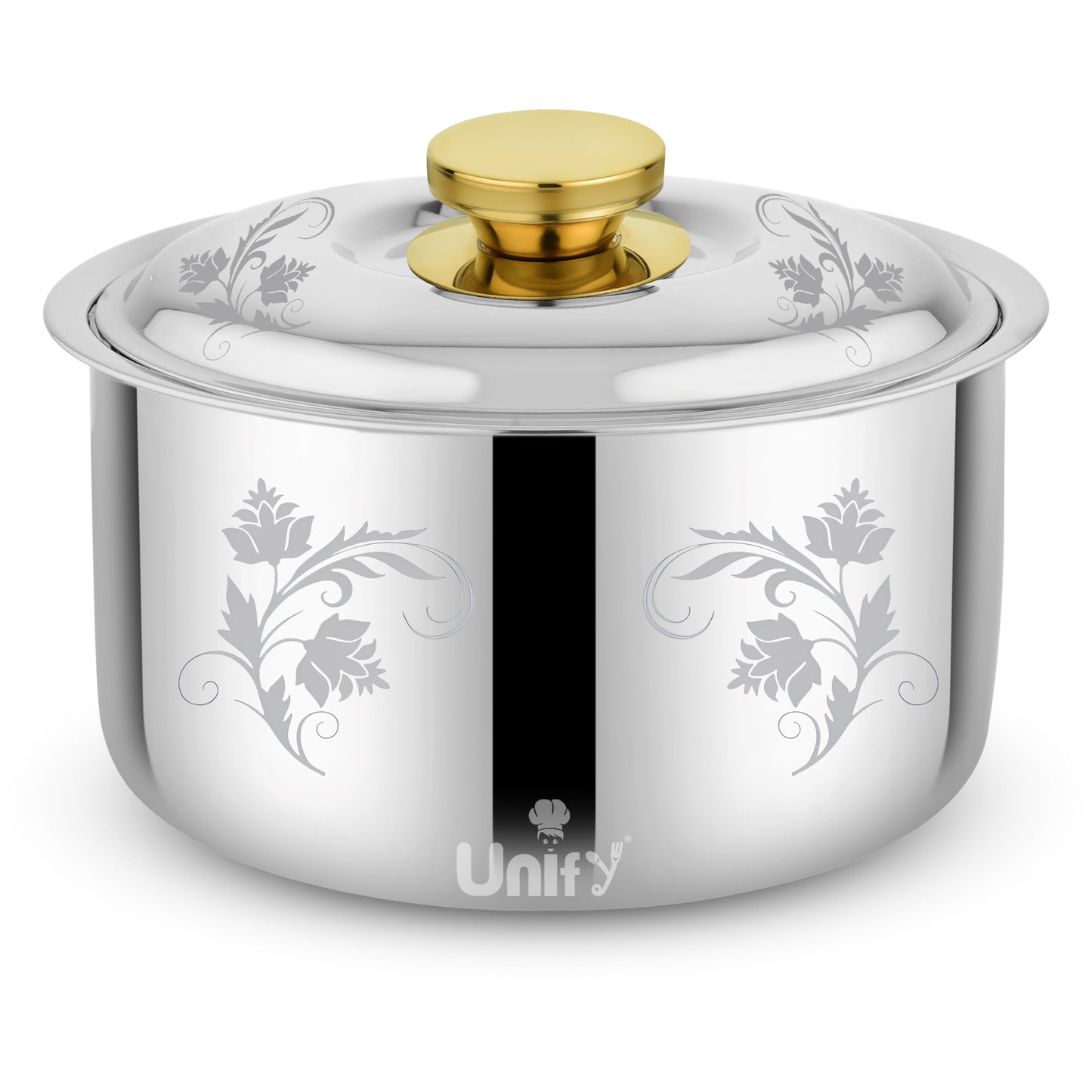 Stelo Stainless Steel Insulated Casserole 3000ml | Floral Design Hot Pot | PVD Gold Handle, Silver
