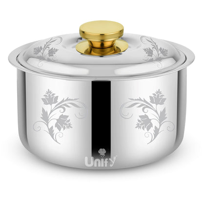 Stelo Stainless Steel Insulated Casserole 3000ml | Floral Design Hot Pot | PVD Gold Handle, Silver