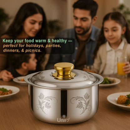 Stelo Stainless Steel Insulated Casserole 3000ml | Floral Design Hot Pot | PVD Gold Handle, Silver