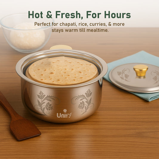 Stelo Stainless Steel Insulated Casserole 2200ml | Floral Design Hot Pot | PVD Gold Handle, Silver