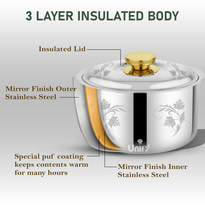 Stelo Stainless Steel Insulated Casserole 1600ml | Floral Design Hot Pot | PVD Gold Handle, Silver