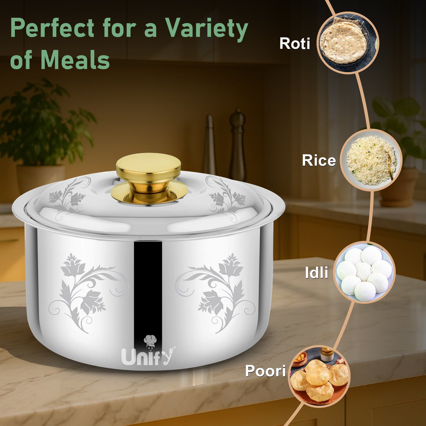 Stelo Stainless Steel Insulated Casserole 2200ml | Floral Design Hot Pot | PVD Gold Handle, Silver
