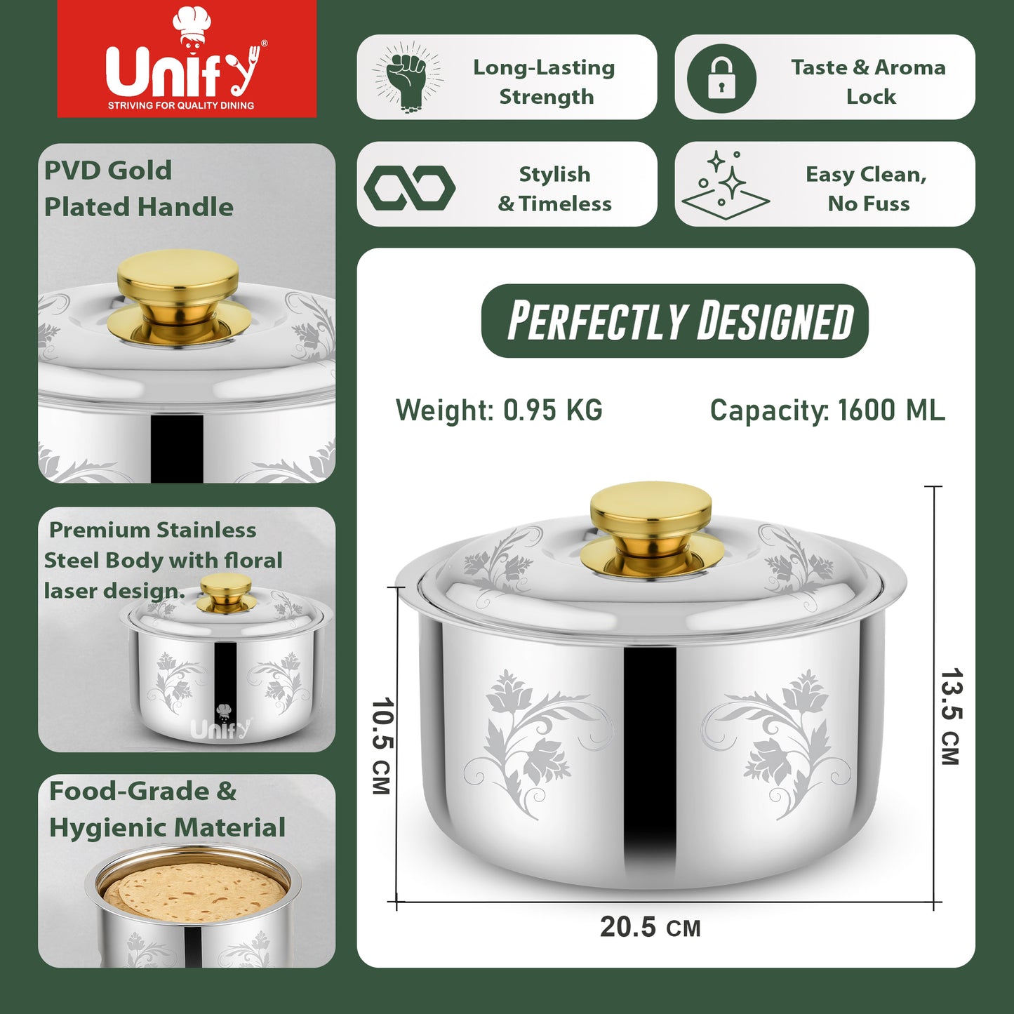 Stelo Stainless Steel Insulated Casserole 1600ml | Floral Design Hot Pot | PVD Gold Handle, Silver