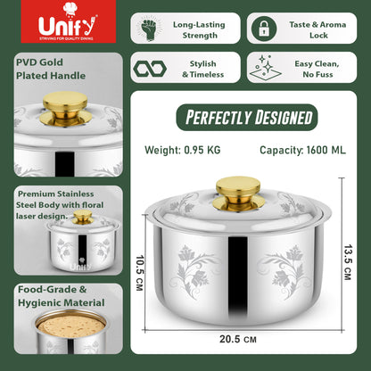 Stelo Stainless Steel Insulated Casserole 1600ml | Floral Design Hot Pot | PVD Gold Handle, Silver