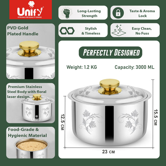 Stelo Stainless Steel Insulated Casserole 3000ml | Floral Design Hot Pot | PVD Gold Handle, Silver