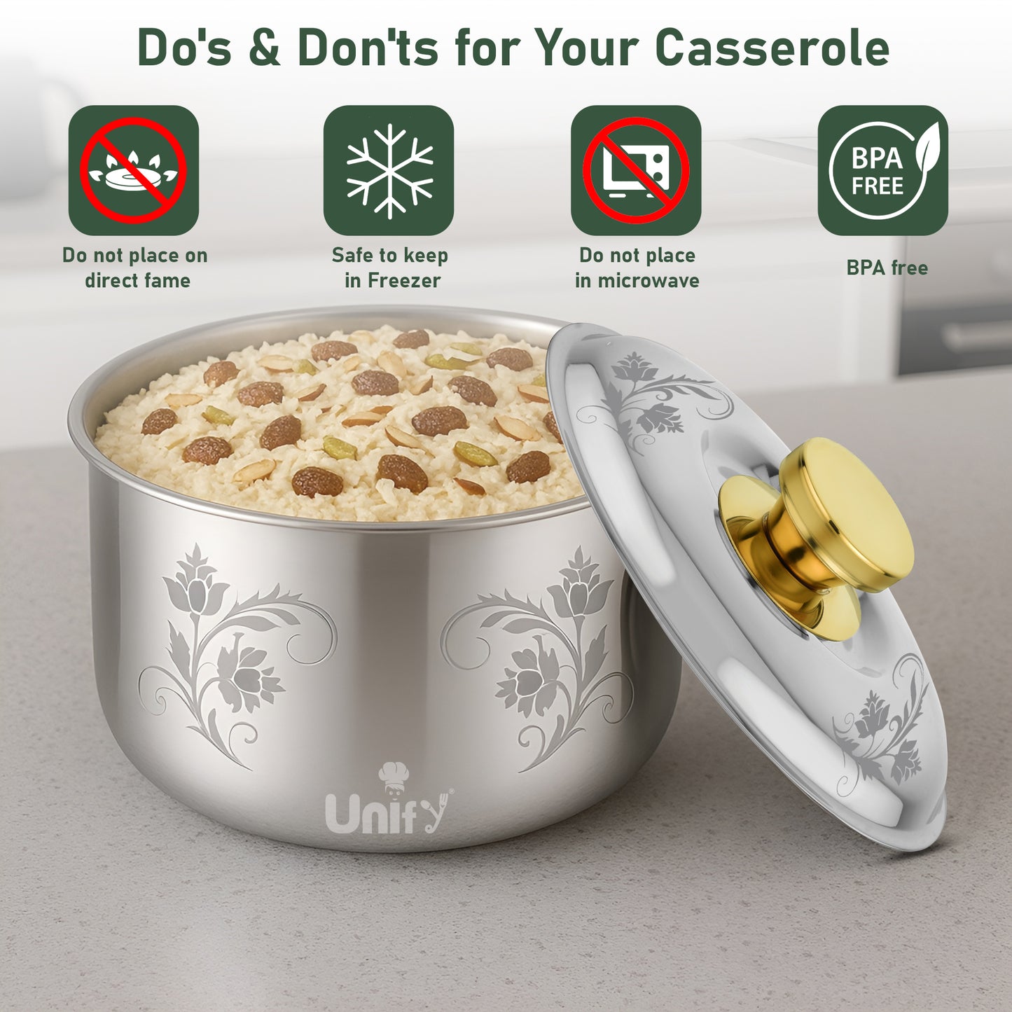 Stelo Stainless Steel Insulated Casserole 2200ml | Floral Design Hot Pot | PVD Gold Handle, Silver