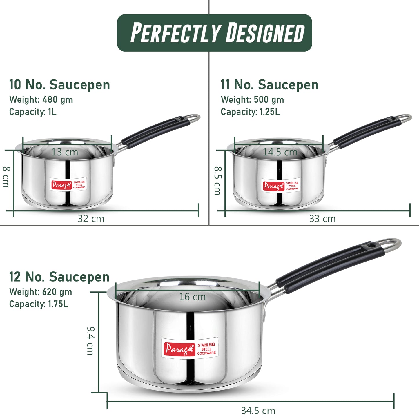 3pc Stainless Steel Saucepan Set | 1L 1.25L 1.75L | Silver