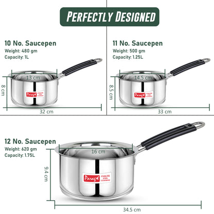 3pc Stainless Steel Saucepan Set | 1L 1.25L 1.75L | Silver