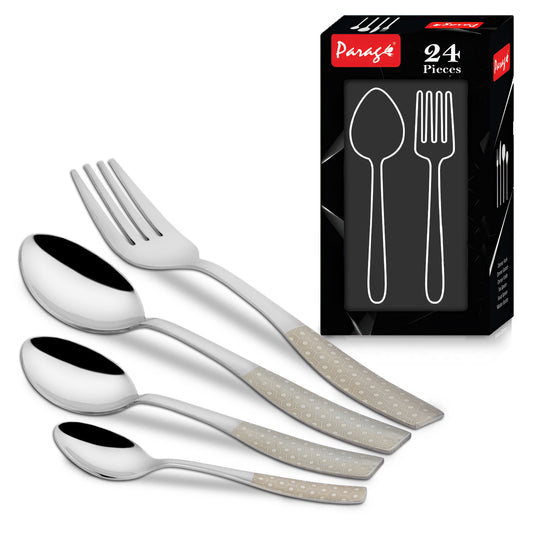 24 Pcs Stainless Steel Premium Cutlery Set - 6 Table Spoons, 6 Forks, 6 Dinner Spoons & 6 Tea Spoons, Silver Dazzle