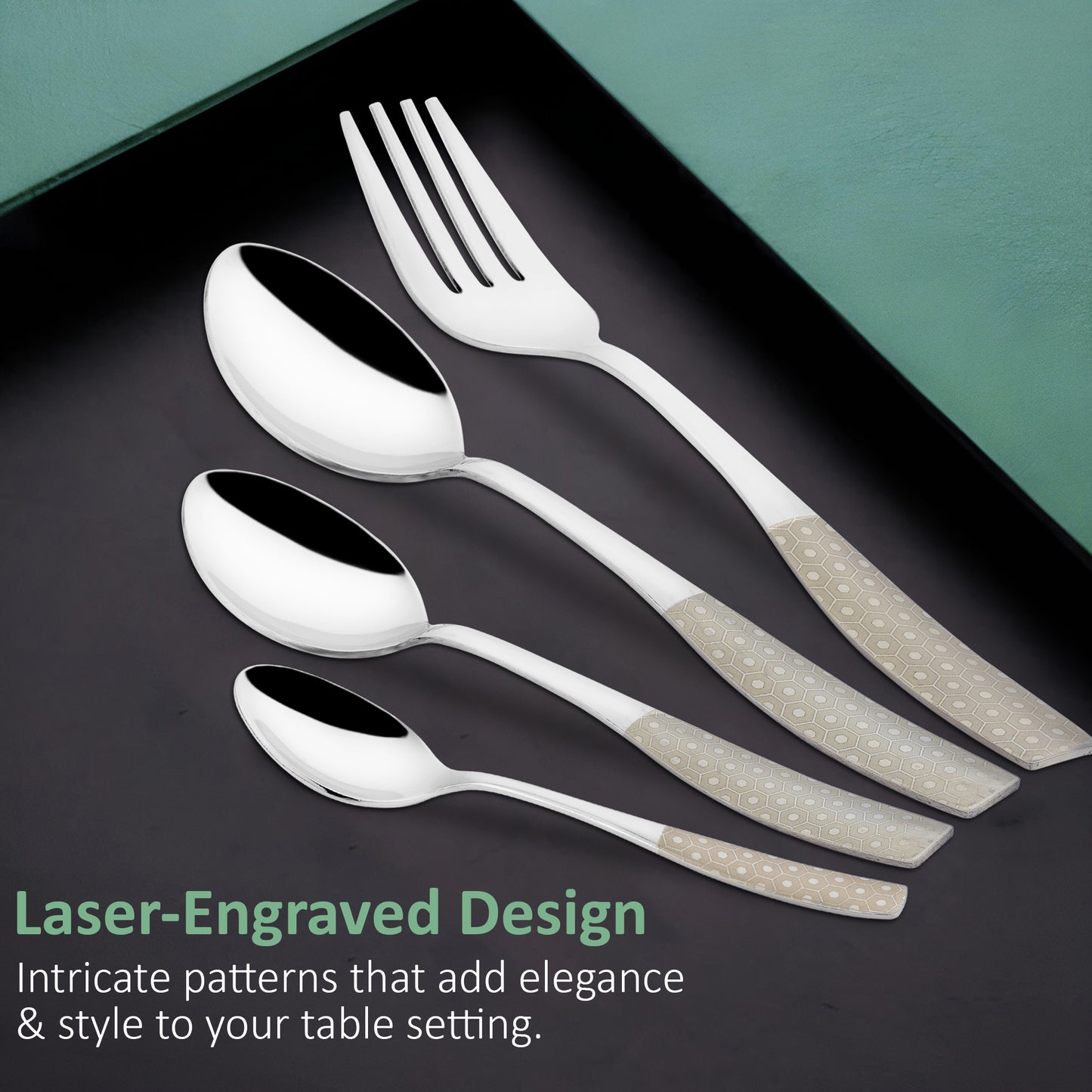 24 Pcs Stainless Steel Premium Cutlery Set - 6 Table Spoons, 6 Forks, 6 Dinner Spoons & 6 Tea Spoons, Silver Dazzle
