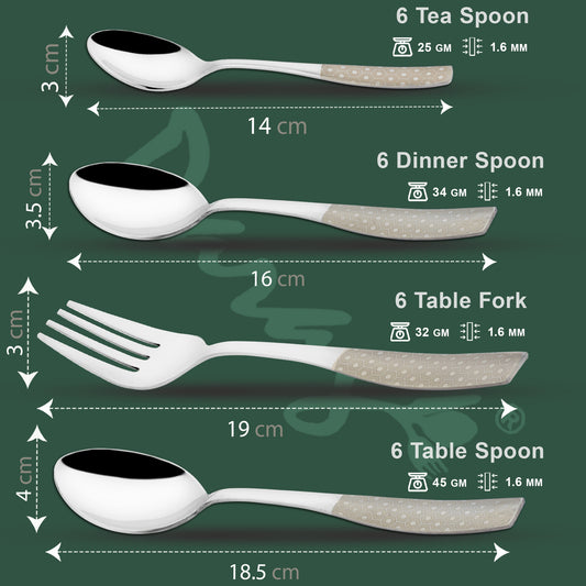 24 Pcs Stainless Steel Premium Cutlery Set - 6 Table Spoons, 6 Forks, 6 Dinner Spoons & 6 Tea Spoons, Silver Dazzle