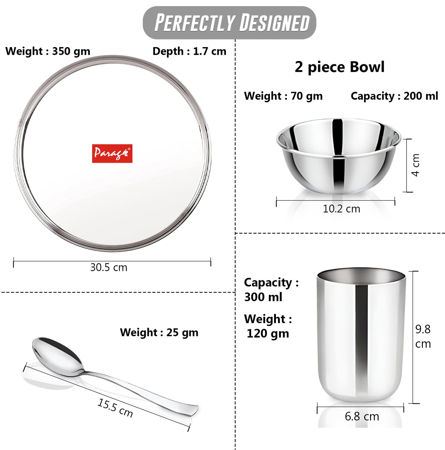 5pc Stainless Steel Dinner Set | Thali Heavy Gauge | Silver
