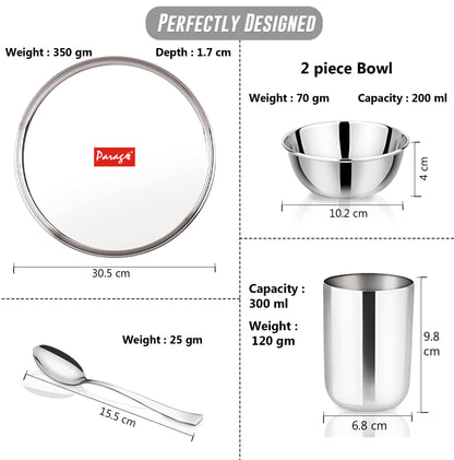 5pc Stainless Steel Dinner Set | Thali Heavy Gauge | Silver