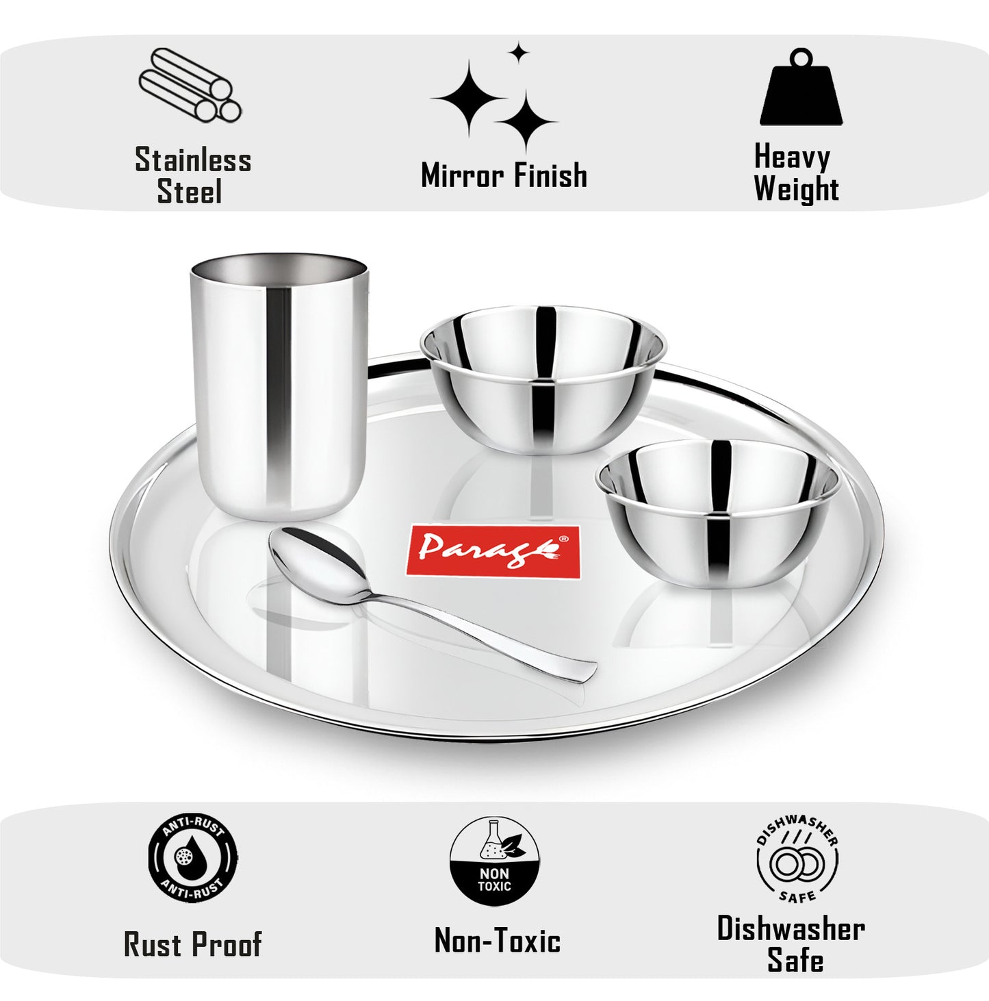 5pc Stainless Steel Dinner Set | Thali Heavy Gauge | Silver