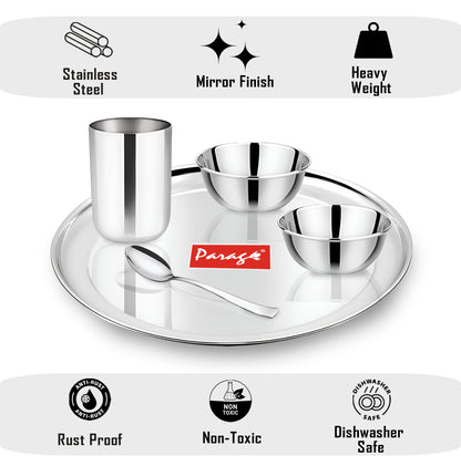 5pc Stainless Steel Dinner Set | Thali Heavy Gauge | Silver