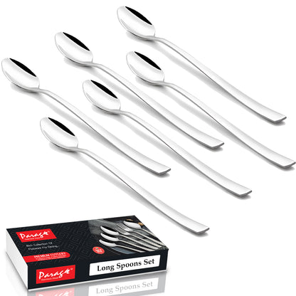 6 Pcs Stainless Steel Soda Spoon Set | 20.5 cm Long Handle Ice Cream Spoon Silver