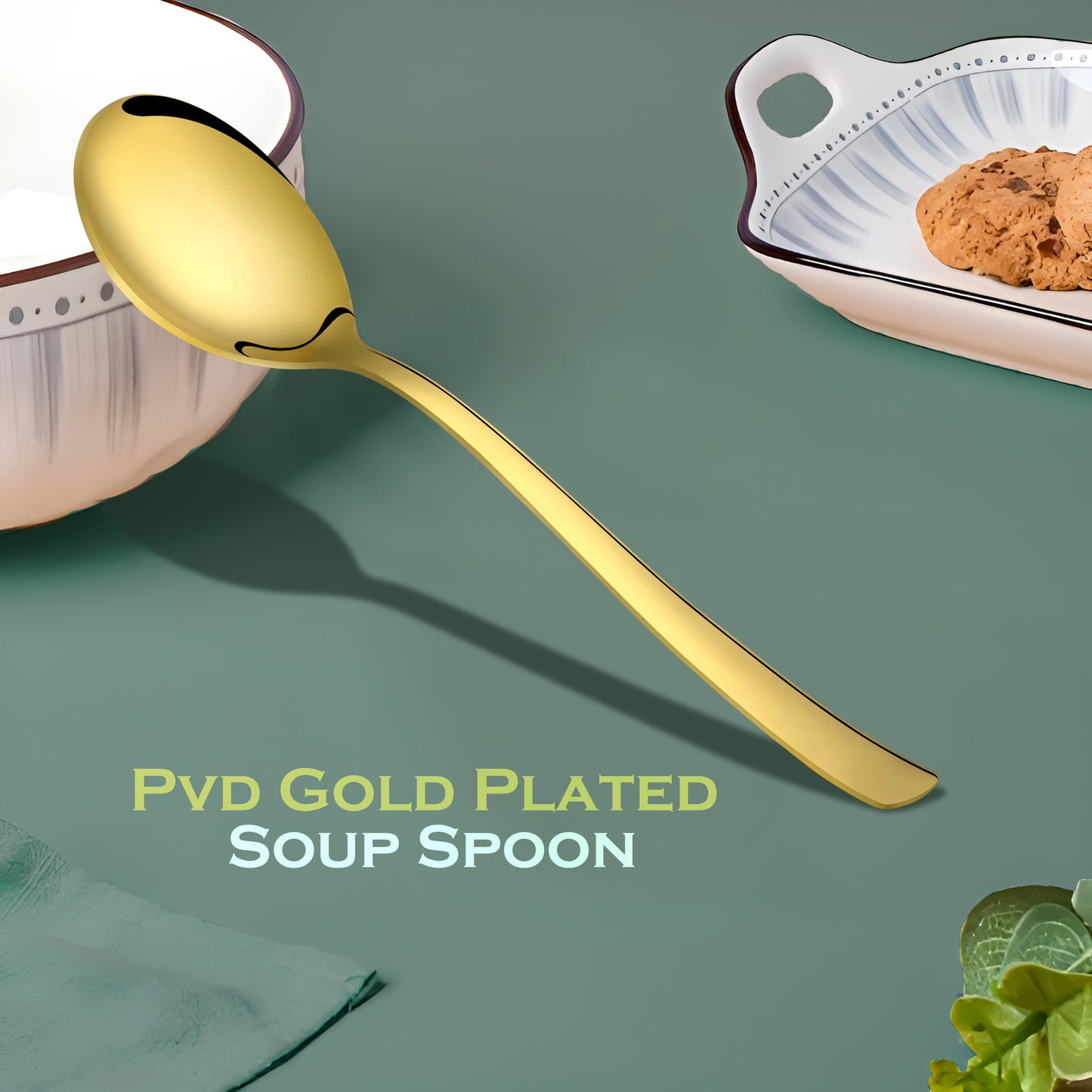 6-Piece Stainless Steel PVD Gold Soup Spoon Set | Premium 18.5cm Spoons for Home & Kitchen