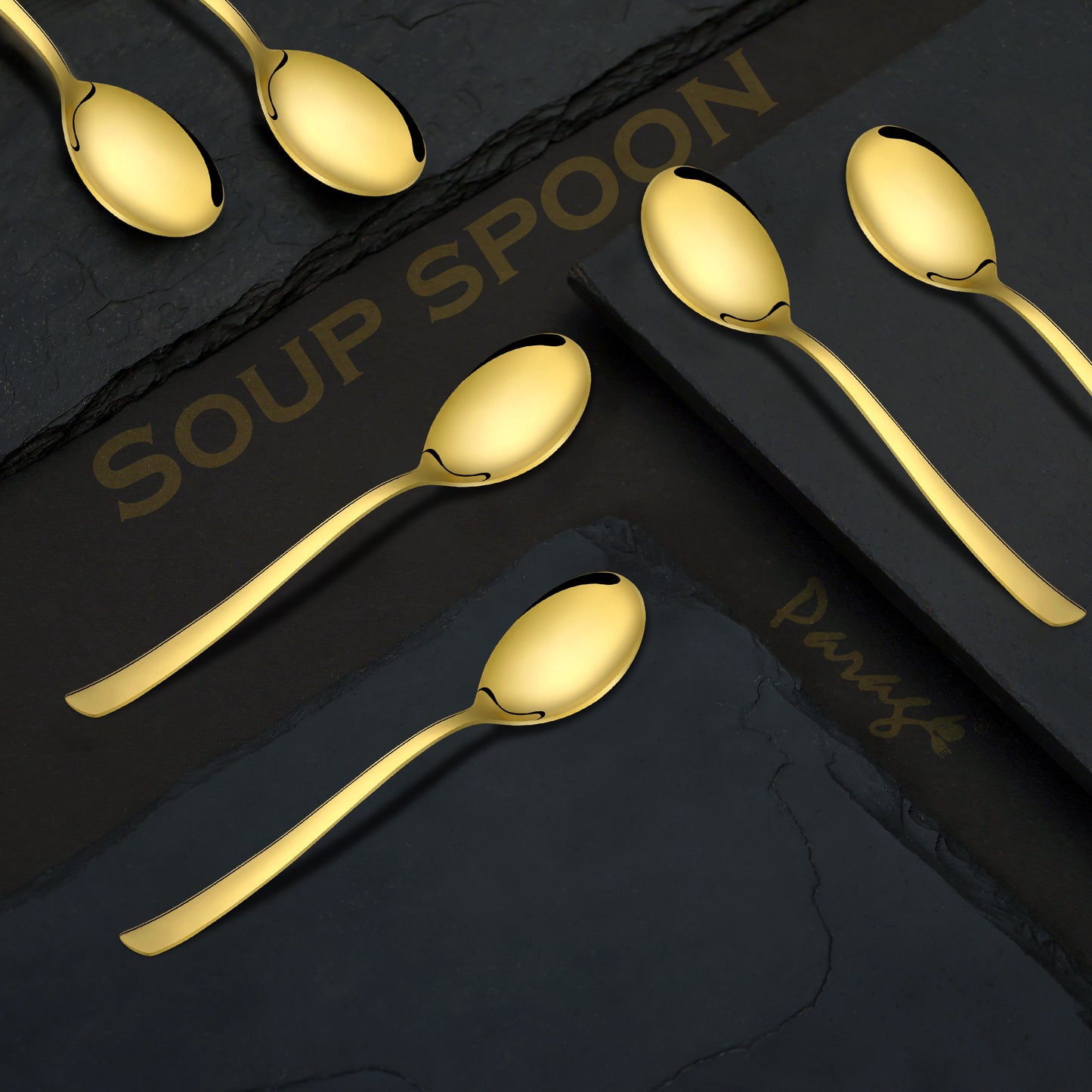 6-Piece Stainless Steel PVD Gold Soup Spoon Set | Premium 18.5cm Spoons for Home & Kitchen