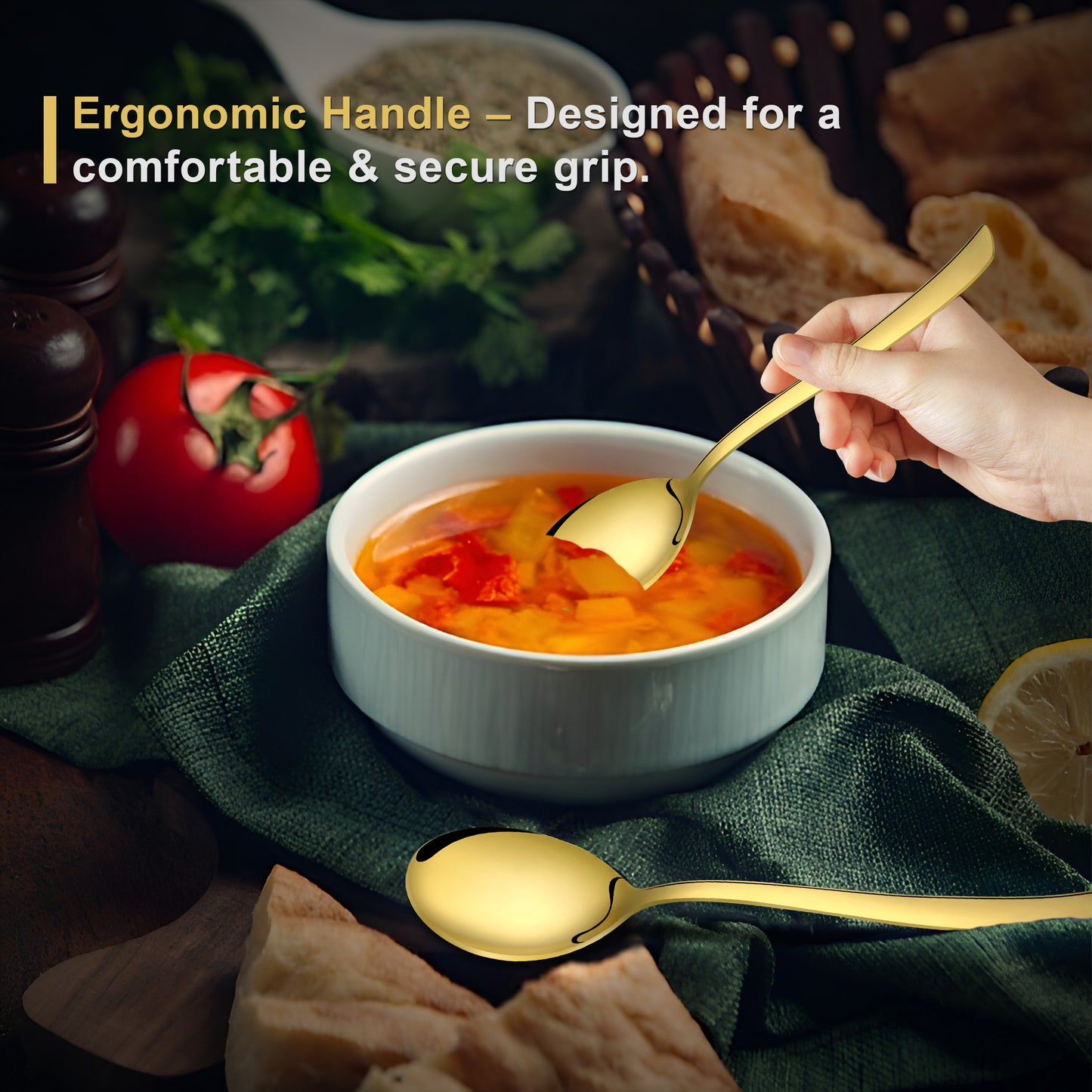 6-Piece Stainless Steel PVD Gold Soup Spoon Set | Premium 18.5cm Spoons for Home & Kitchen