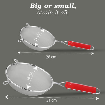 2-Piece Stainless Steel Soup & Juice Strainer Set | 11cm & 16cm Kitchen Liquid Filters, Large Soup Chalni with Red Handle for Rice & Juice